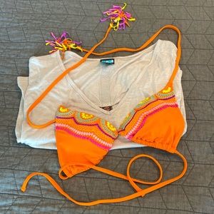 Vibrant Trina Turk bikini top, embroidered detailing, upper tassel tie & coverup